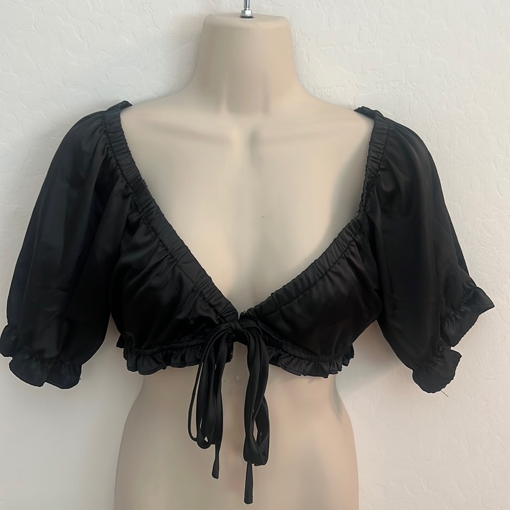 Black Tie Front Crop Top Blouse
